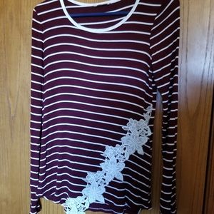 Wine red and white striped with white lace shirt